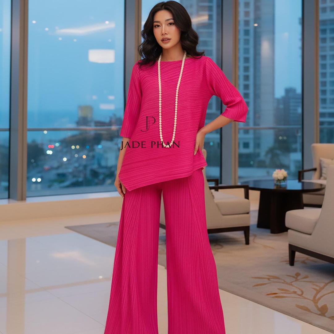 Set gồm áo và quầnđồng màu dập ly nữ sang trọng, áo tay lửng và quần ống rộng xếp ly lò xo Gerda — ảnh 24