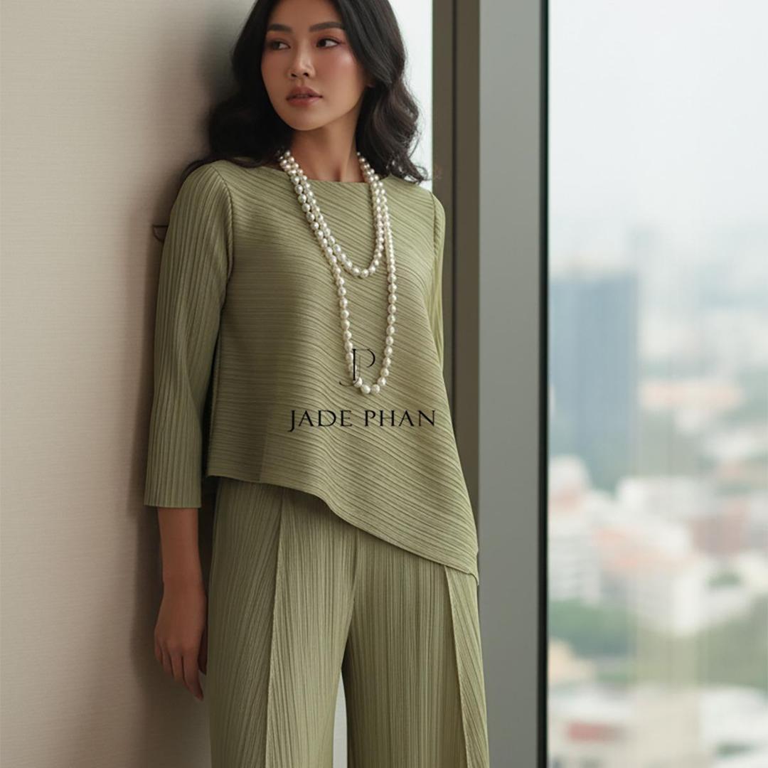 Set gồm áo và quầnđồng màu dập ly nữ sang trọng, áo tay lửng và quần ống rộng xếp ly lò xo Gerda — ảnh 12