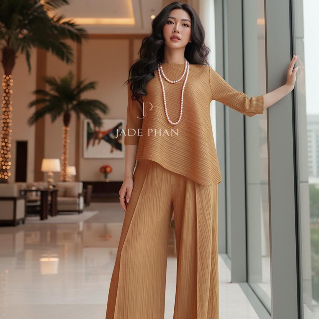 Set gồm áo và quầnđồng màu dập ly nữ sang trọng, áo tay lửng và quần ống rộng xếp ly lò xo Gerda — ảnh 9