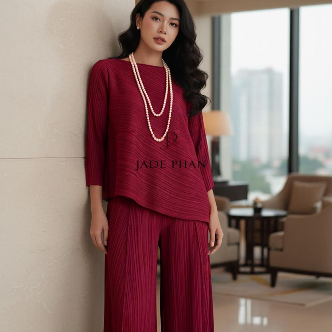 Set gồm áo và quầnđồng màu dập ly nữ sang trọng, áo tay lửng và quần ống rộng xếp ly lò xo Gerda — ảnh 11