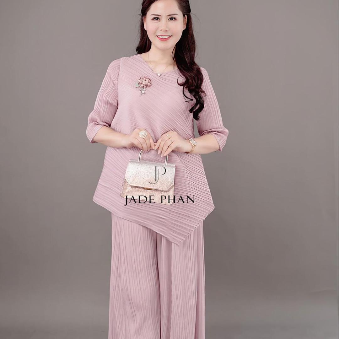 Set gồm áo và quầnđồng màu dập ly nữ sang trọng, áo tay lửng và quần ống rộng xếp ly lò xo Gerda — ảnh 3