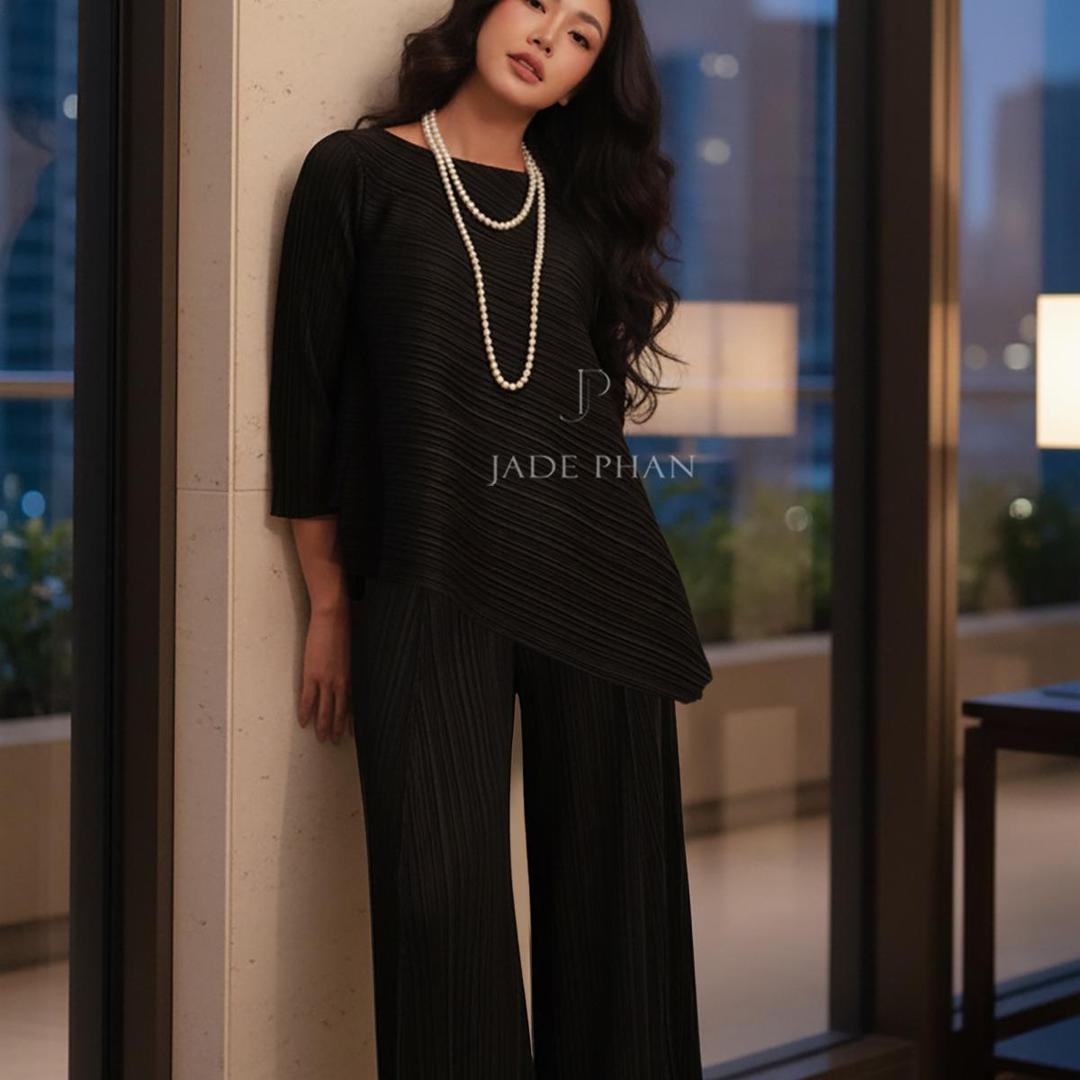Set gồm áo và quầnđồng màu dập ly nữ sang trọng, áo tay lửng và quần ống rộng xếp ly lò xo Gerda — ảnh 23