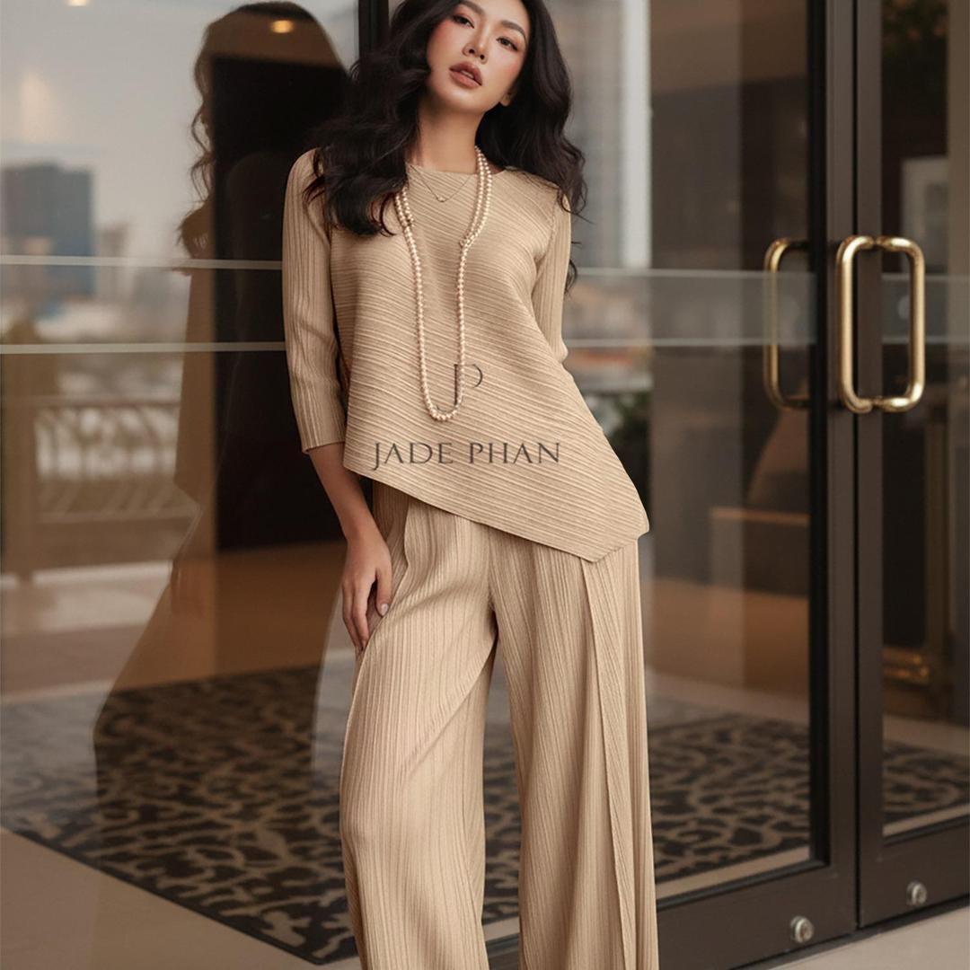 Set gồm áo và quầnđồng màu dập ly nữ sang trọng, áo tay lửng và quần ống rộng xếp ly lò xo Gerda — ảnh 8