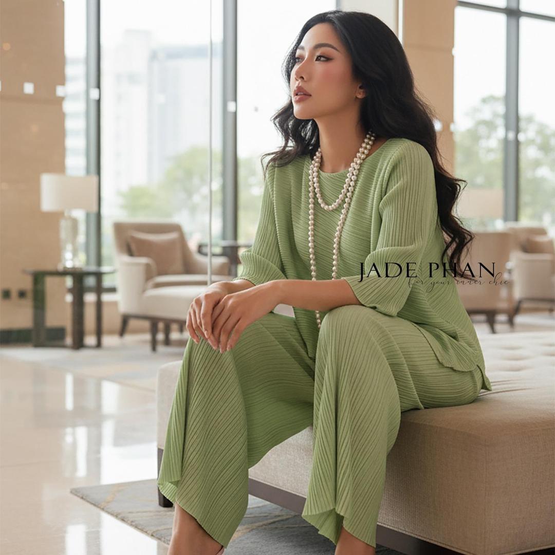 Set gồm áo và quầnđồng màu dập ly nữ sang trọng, áo tay lửng và quần ống rộng xếp ly lò xo Gerda — ảnh 2