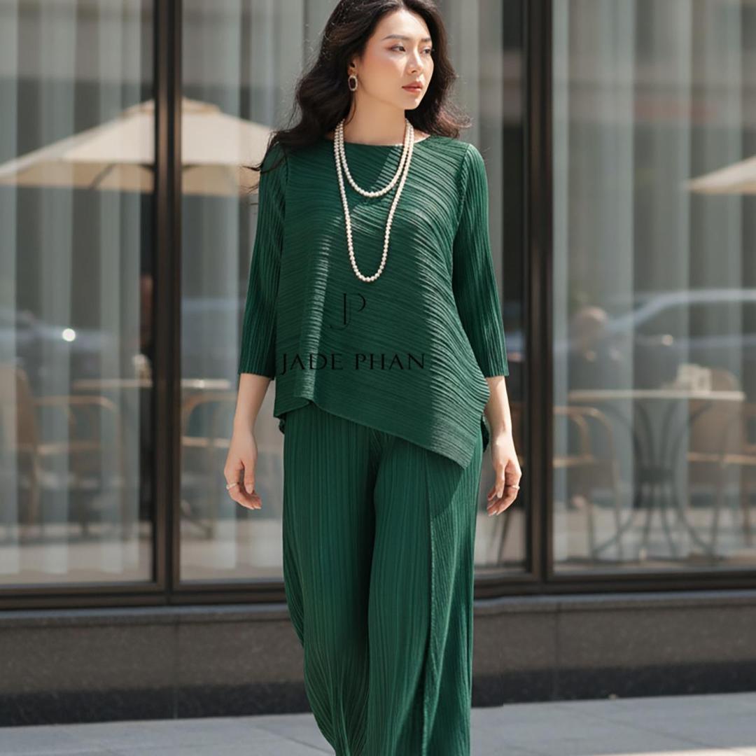 Set gồm áo và quầnđồng màu dập ly nữ sang trọng, áo tay lửng và quần ống rộng xếp ly lò xo Gerda — ảnh 6