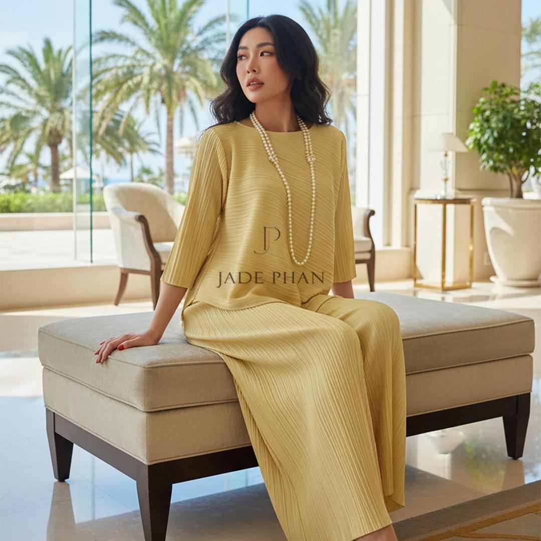Set gồm áo và quầnđồng màu dập ly nữ sang trọng, áo tay lửng và quần ống rộng xếp ly lò xo Gerda — ảnh 19
