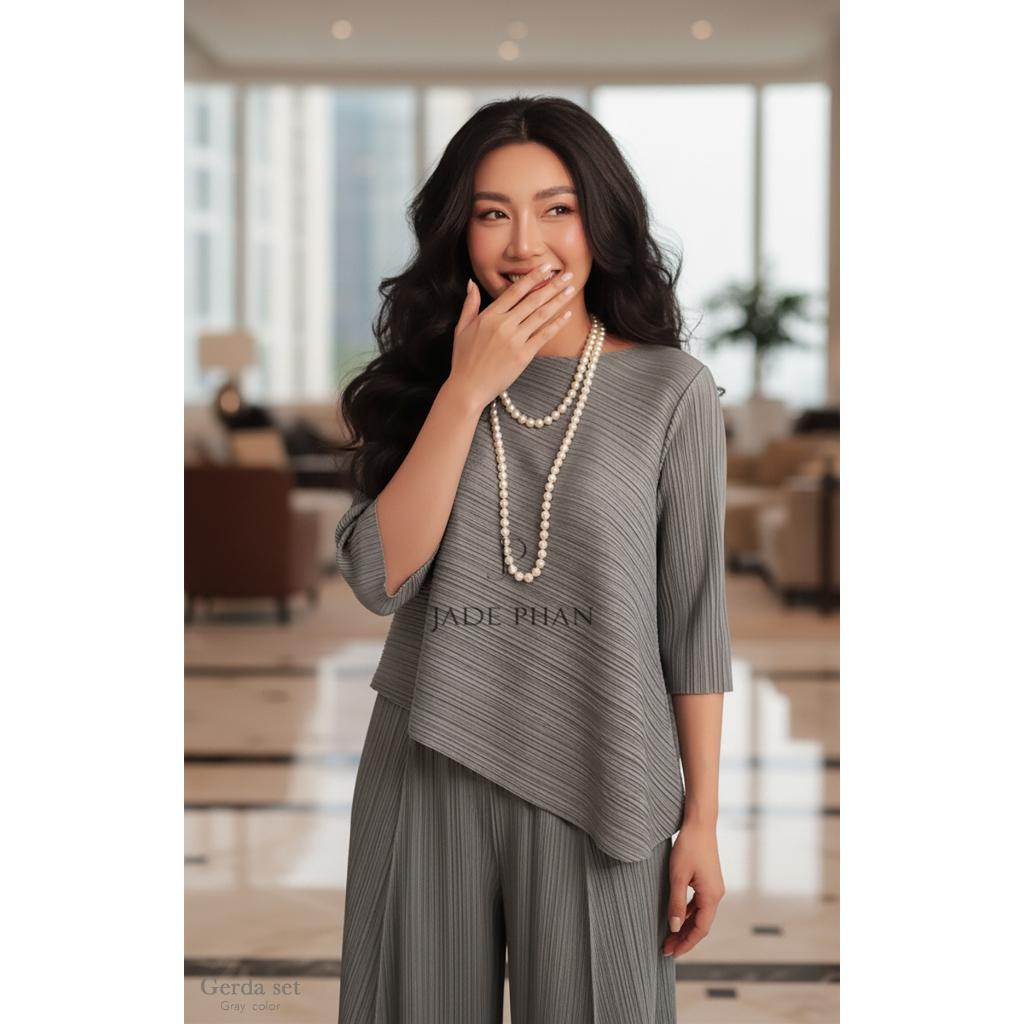 Set gồm áo và quầndập ly nữ sang trọng, áo tay lửng và quần ống rộng xếp ly lò xo Gerda — ảnh 7