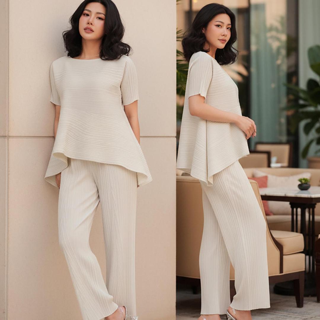 Set gồm áo và quầnđồng màu xếp ly nữ cao cấp, áo tay ngắn vạt chéo và quần ống suông thanh lịch nhiều màu Katle [ + ] — ảnh 1