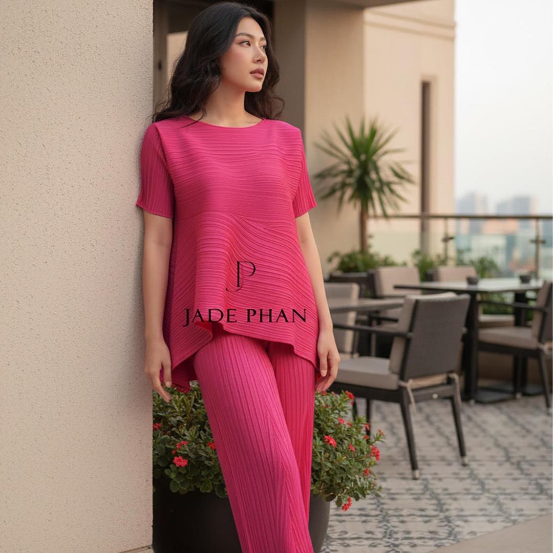 Set gồm áo và quầnđồng màu xếp ly nữ cao cấp, áo tay ngắn vạt chéo và quần ống suông thanh lịch nhiều màu Katle [ + ] — ảnh 6