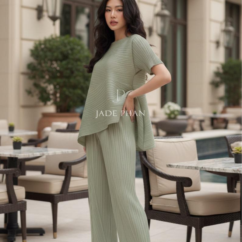 Set gồm áo và quầnđồng màu xếp ly nữ cao cấp, áo tay ngắn vạt chéo và quần ống suông thanh lịch nhiều màu Katle [ + ] — ảnh 13