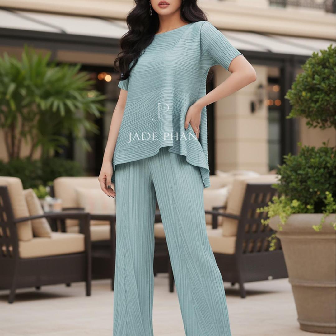 Set gồm áo và quầnđồng màu xếp ly nữ cao cấp, áo tay ngắn vạt chéo và quần ống suông thanh lịch nhiều màu Katle [ + ] — ảnh 8