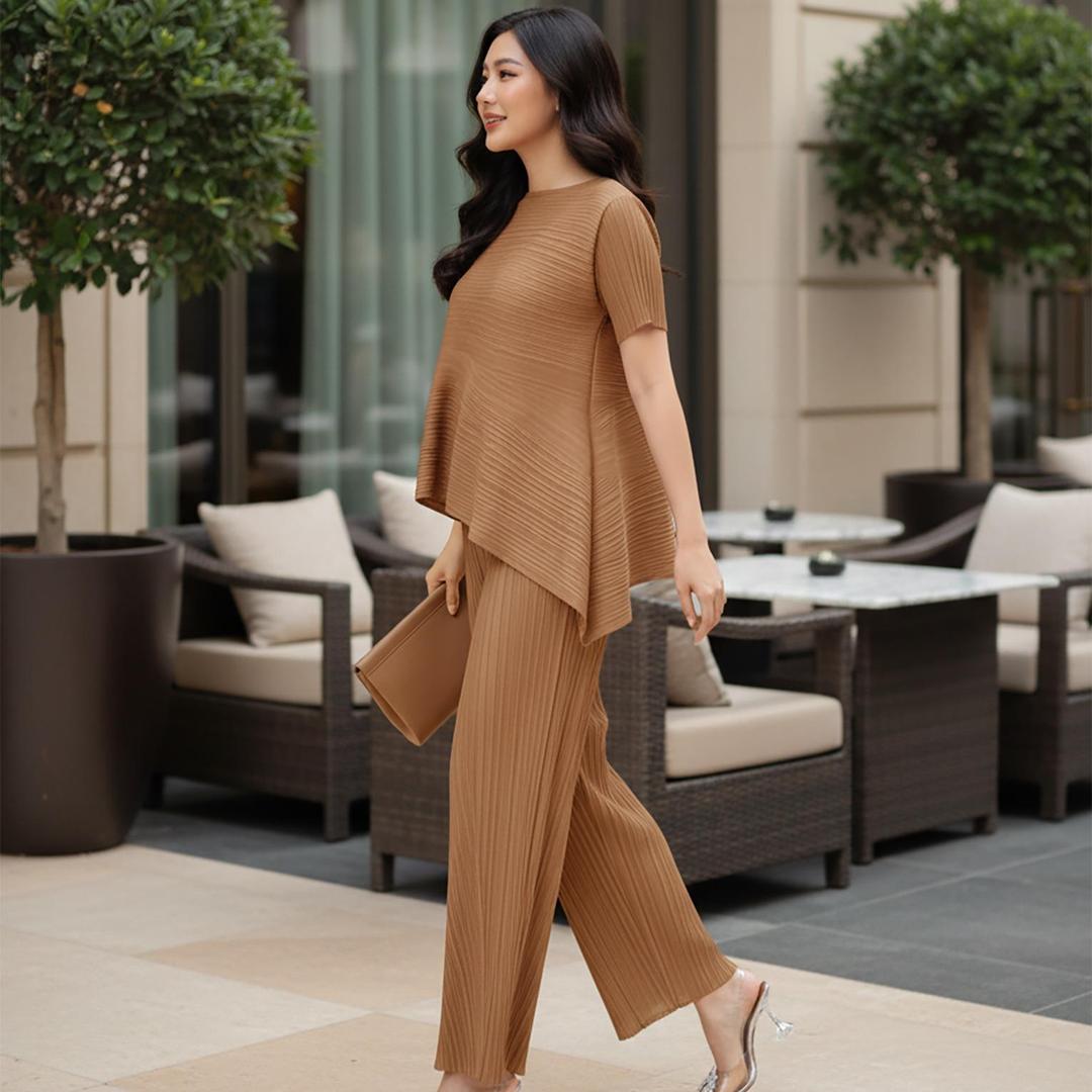 Set gồm áo và quầnđồng màu xếp ly nữ cao cấp, áo tay ngắn vạt chéo và quần ống suông thanh lịch nhiều màu Katle [ + ] — ảnh 16