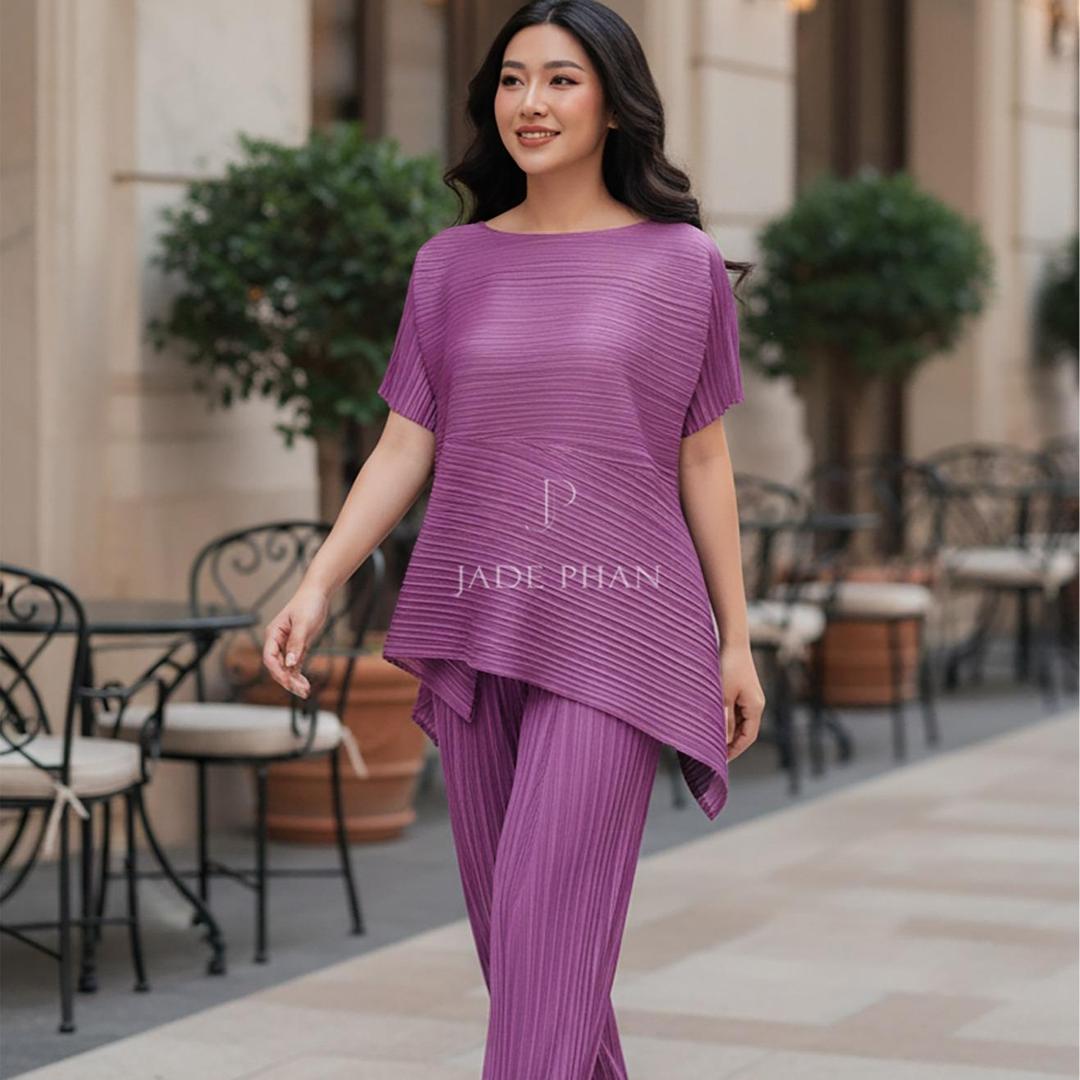 Set gồm áo và quầnđồng màu xếp ly nữ cao cấp, áo tay ngắn vạt chéo và quần ống suông thanh lịch nhiều màu Katle [ + ] — ảnh 17