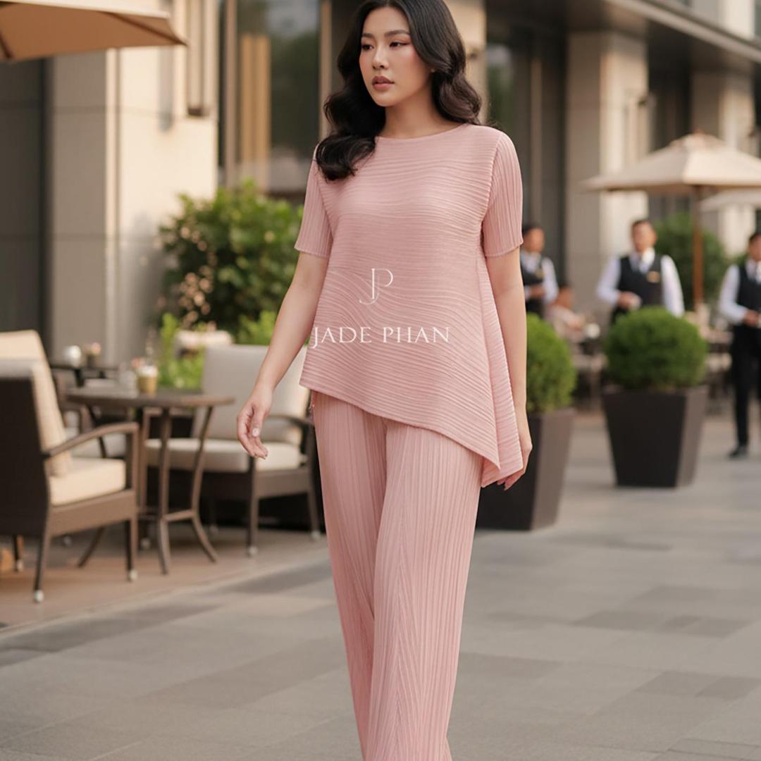 Set gồm áo và quầnđồng màu xếp ly nữ cao cấp, áo tay ngắn vạt chéo và quần ống suông thanh lịch nhiều màu Katle [ + ] — ảnh 5