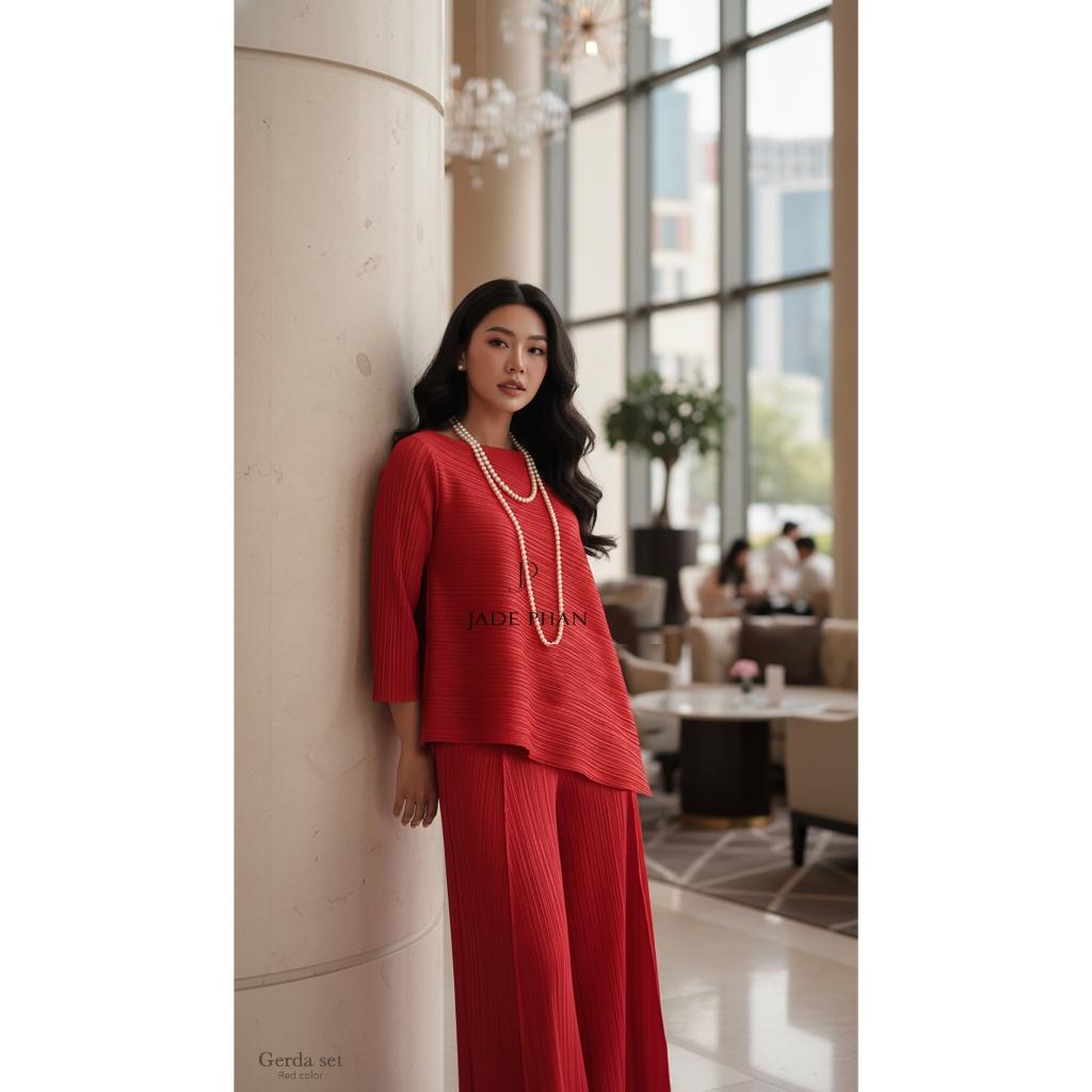 Set gồm áo và quầndập ly nữ sang trọng, áo tay lửng và quần ống rộng xếp ly lò xo Gerda — ảnh 13