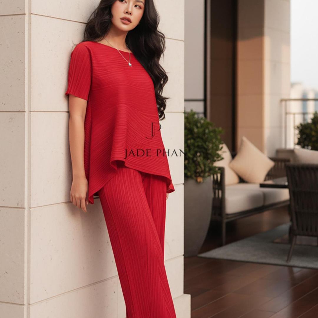 Set gồm áo và quầnđồng màu xếp ly nữ cao cấp, áo tay ngắn vạt chéo và quần ống suông thanh lịch nhiều màu Katle [ + ] — ảnh 10