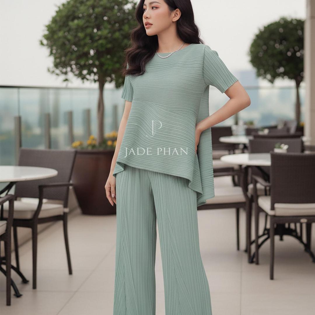 Set gồm áo và quầnđồng màu xếp ly nữ cao cấp, áo tay ngắn vạt chéo và quần ống suông thanh lịch nhiều màu Katle [ + ] — ảnh 14