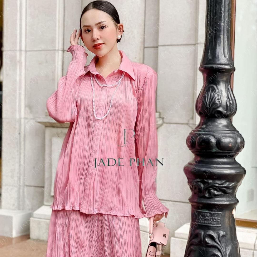 Set gồm áo và chân váyđồng màu xếp ly cao cấp, bộ áo và chân váy dập ly nữ thanh lịch Chantel